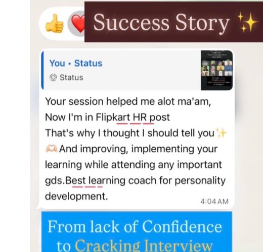 WhatsApp message from a student: Your session helped me a lot ma'am, now I'm in Flipkart HR post