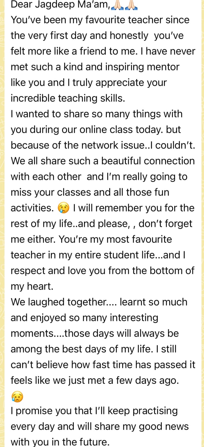 A student's thank-you message about Jagdeep's kindness and teaching