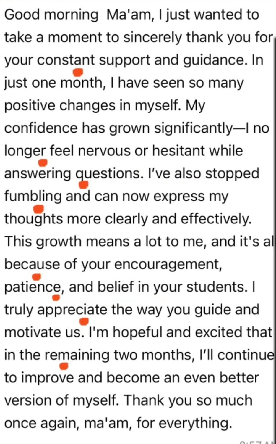 A student on growing in confidence and expressing thoughts clearly within one month