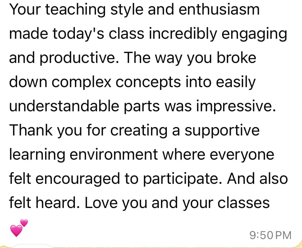A student praises Jagdeep's engaging teaching and supportive sessions