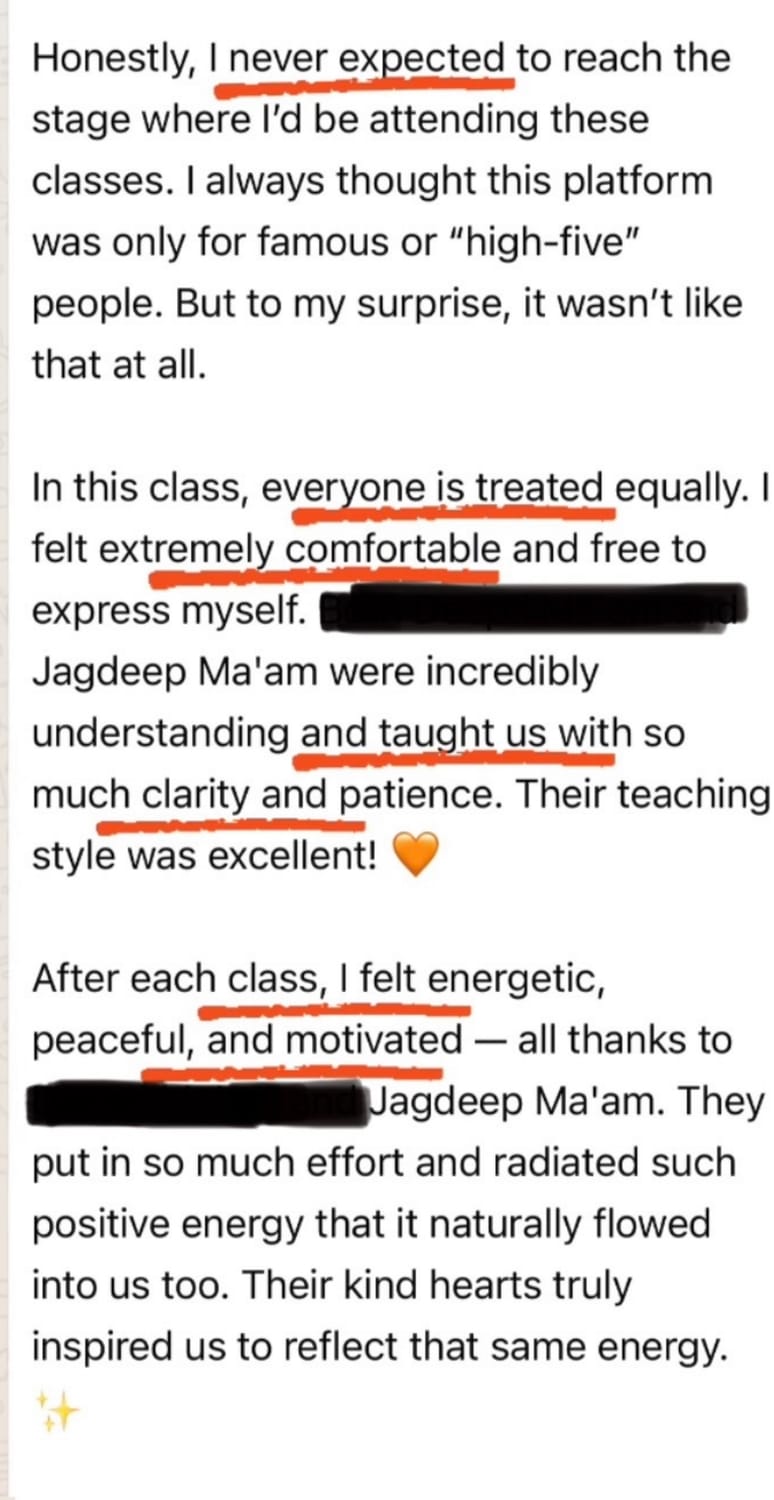 A student on feeling comfortable, heard and motivated in Jagdeep's classes